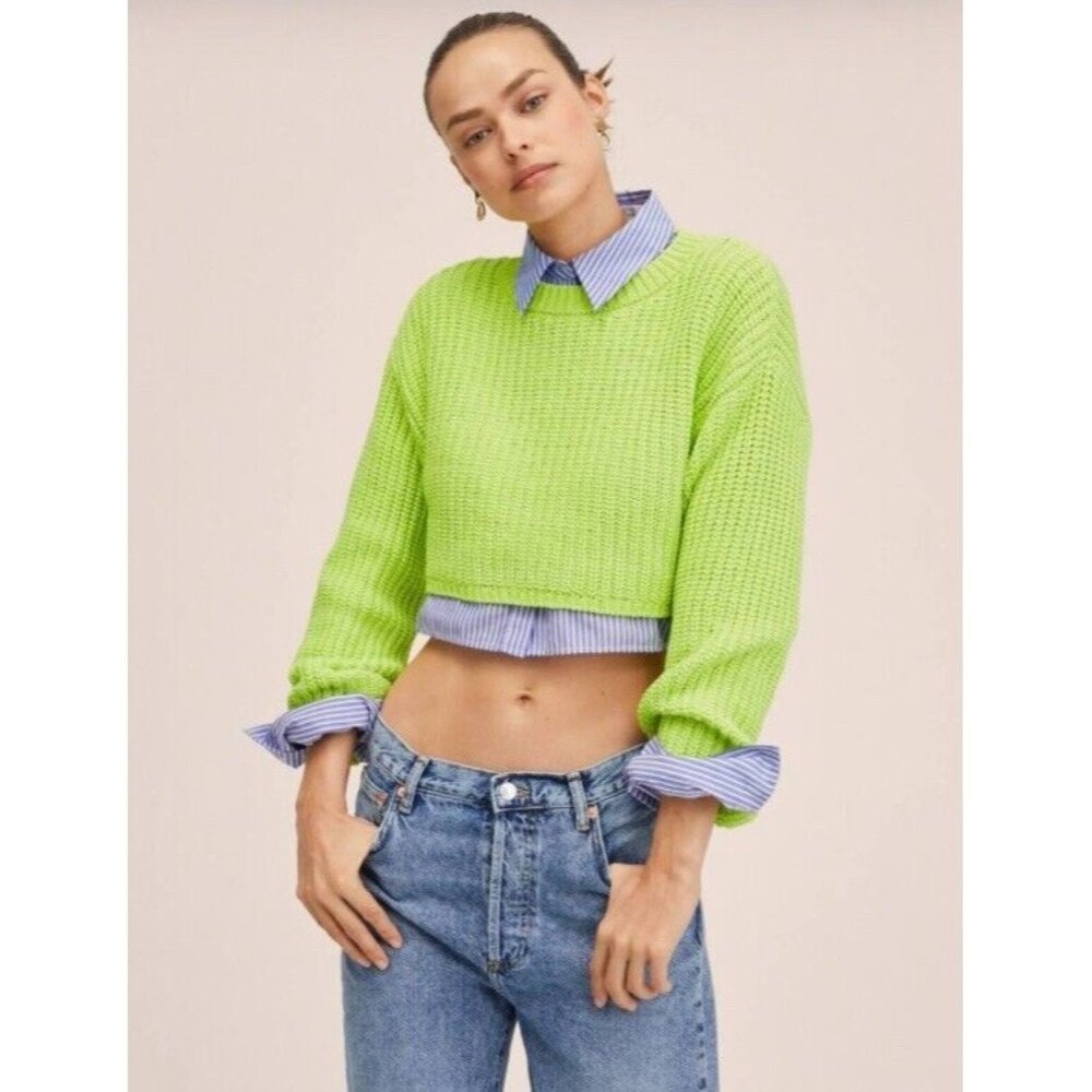 Divided By H&M Neon Green Ribbed Knit Crew Neck Cropped Pullover Sweater Top S